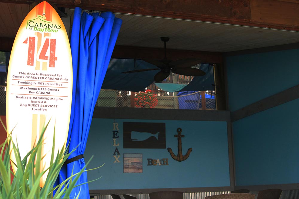 Inside view of a Cabana at Bay View with ceiling fan